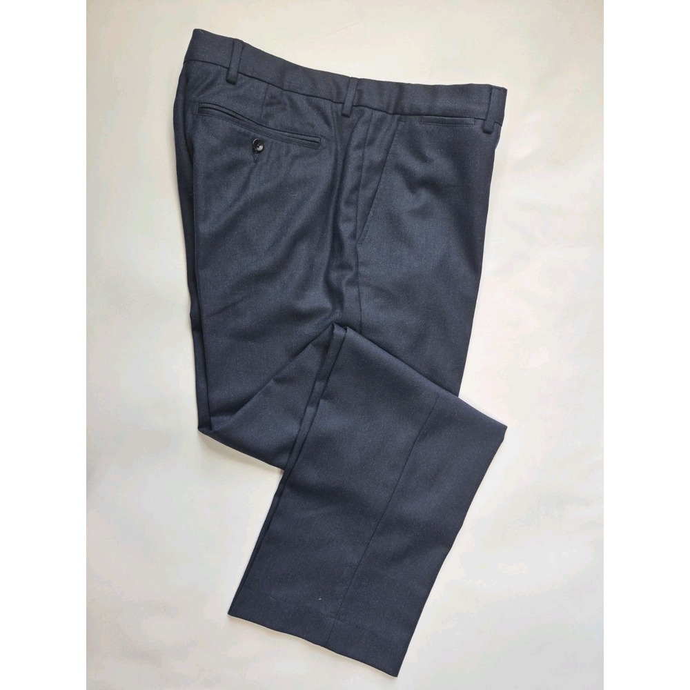 Lands End Mens Flat Front Wool Dress Pants 36x32 Navy Blue Straight Leg